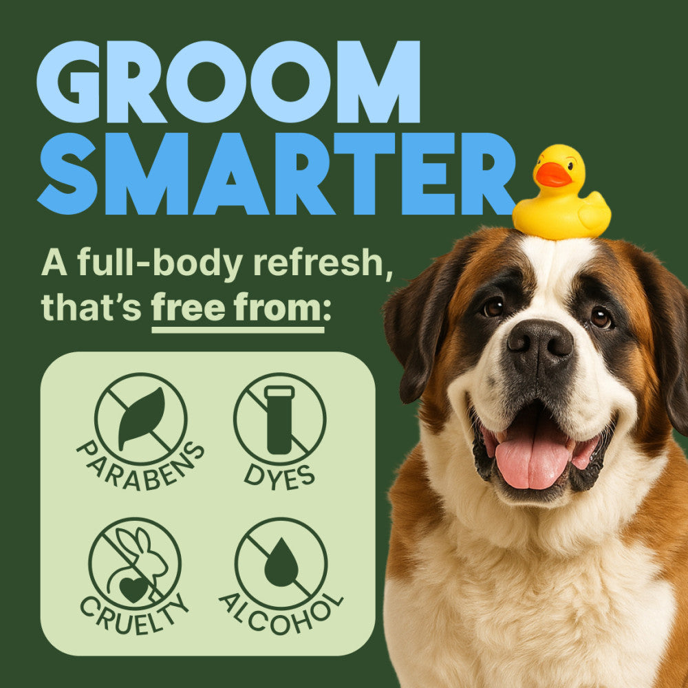 Dog with a rubber duck on its head and 'Groom Smarter' text. TropiClean Hypoallergenic Cleaning Pet Wipes
