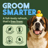 Dog with a rubber duck on its head and 'Groom Smarter' text. TropiClean Hypoallergenic Cleaning Pet Wipes