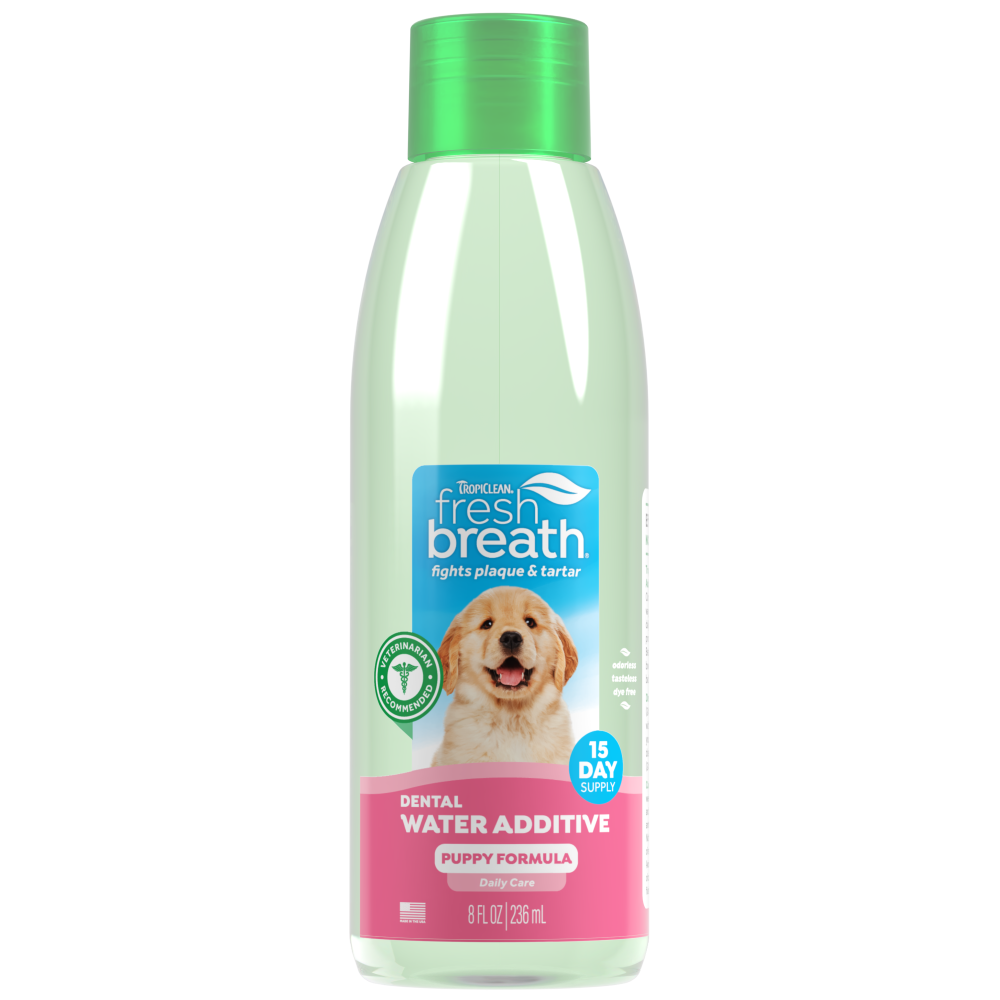 TropiClean Fresh Breath Oral Care Water Additive for Puppies, front view of 8oz bottle