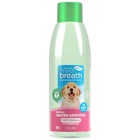 TropiClean Fresh Breath Oral Care Water Additive for Puppies, front view of 8oz bottle