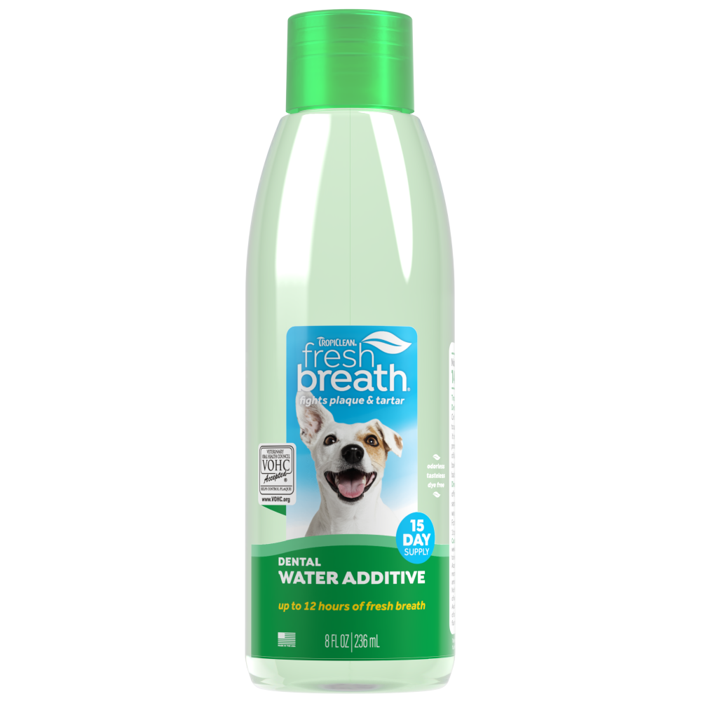 TropiClean Fresh Breath Oral Care Water Additive for Pets, front image of 8oz bottle