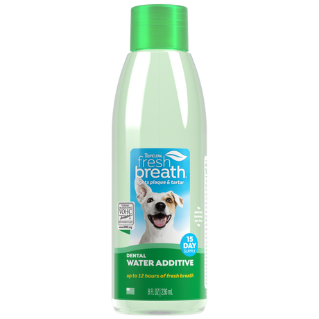 TropiClean Fresh Breath Oral Care Water Additive for Pets, front image of 8oz bottle