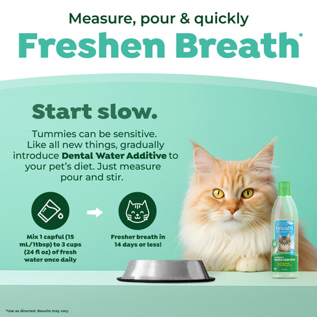 Cat with Fresh Breath by TropiClean Oral Care Water Additive for Cats and instructions on a green background
