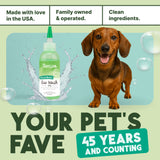 TropiClean Alcohol-Free Ear Wash for Dogs & Cats with a dog and promotional text on a green background