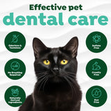 TropiClean Fresh Breath Dental Water Additive + Urinary Tract Support for Cats. Black cat with green icons and text about effective pet dental care