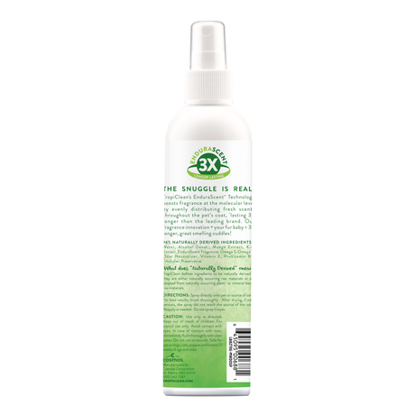 TropiClean EnduraScent Mango Kiwi Pet Deodorizing Spray, image of back of bottle