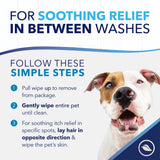 Dog with text on soothing relief between washes and steps for use.