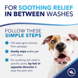Dog with text on soothing relief between washes and steps for use.
