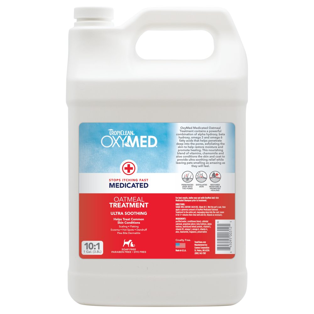 TropiClean OxyMed Medicated Anti Itch Treatment Rinse for Pets, front of 1gal bottle