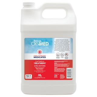 TropiClean OxyMed Medicated Anti Itch Treatment Rinse for Pets, front of 1gal bottle.