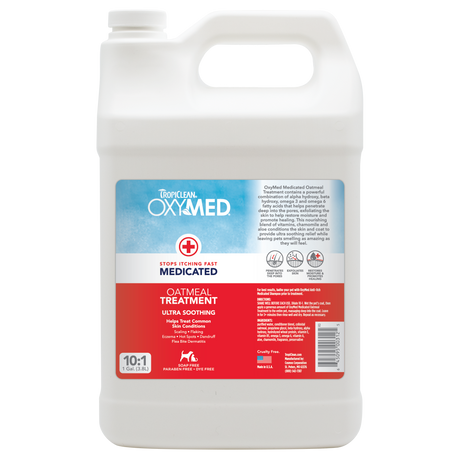 TropiClean OxyMed Medicated Anti Itch Treatment Rinse for Pets, front of 1gal bottle
