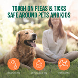 TropiClean Natural Flea + Tick Yard Spray. Woman sitting with a dog in a park, with text about product safety for pets and kids.