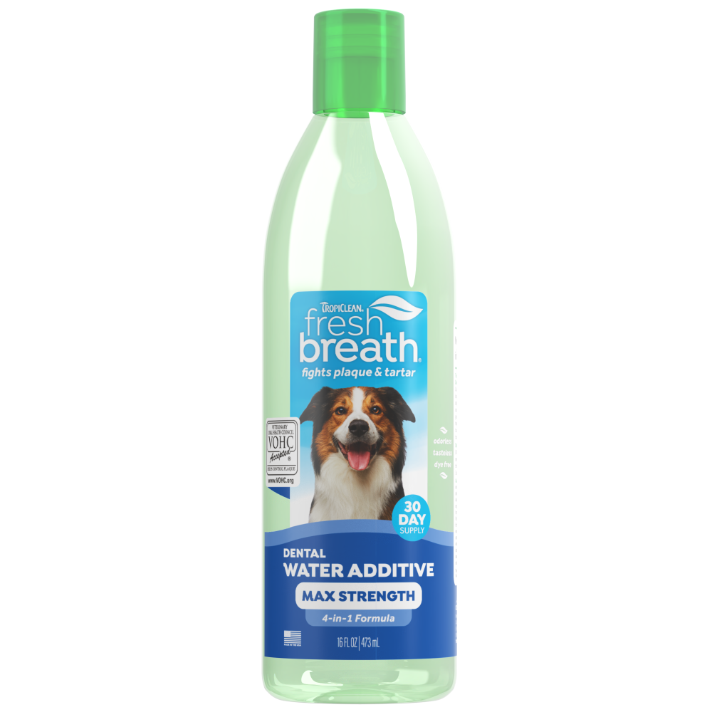 TropiClean Fresh Breath Max Strength Dental Water Additive for Dogs, front image of 16oz bottle