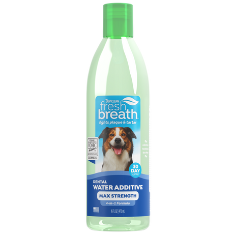 TropiClean Fresh Breath Max Strength Dental Water Additive for Dogs, front image of 16oz bottle