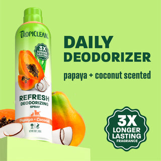 Tropiclean papaya deodorizing spray on green background