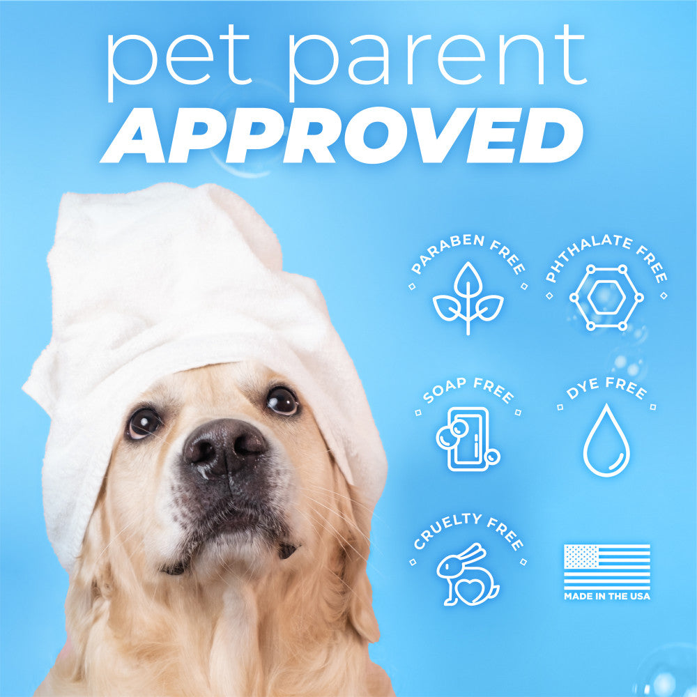 Dog with a towel on head against a blue background with 'pet parent APPROVED' text and icons.