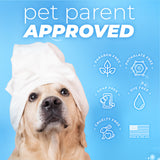 Dog with a towel on head against a blue background with 'pet parent APPROVED' text and icons.