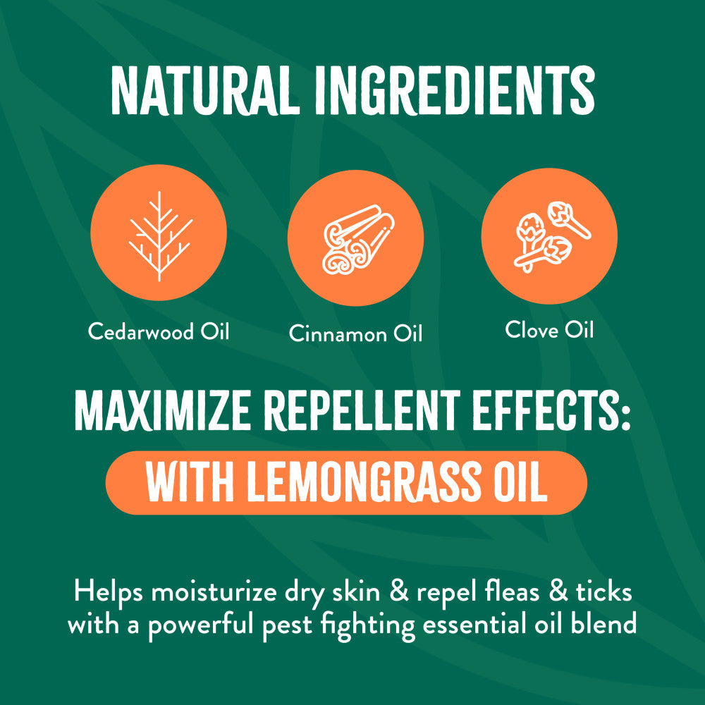 TropiClean Natural Flea + Tick Dog + Home Easy Mist Spray. Promotional graphic for natural ingredients with icons and text on a green background