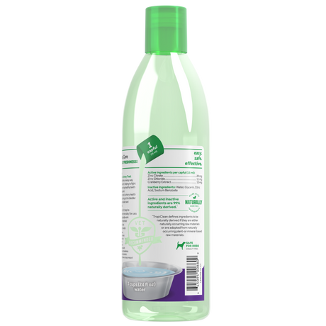 TropiClean Fresh Breath Dental Water Additive + Urinary Tract Support for Cats, back image of bottle