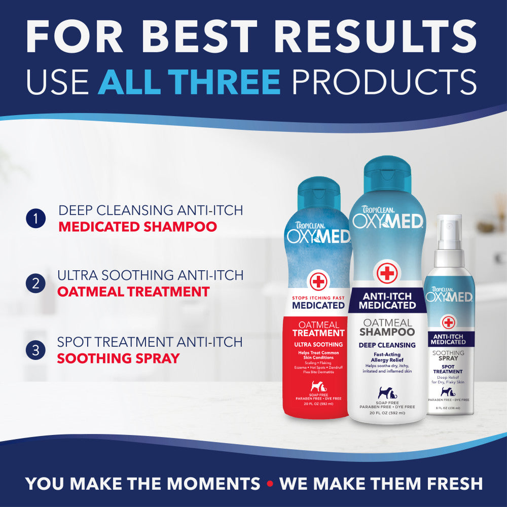 OxyMed shampoo and treatment products with text on a white background
