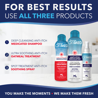 OxyMed pet care products with text promoting a complete line of soothing solutions.