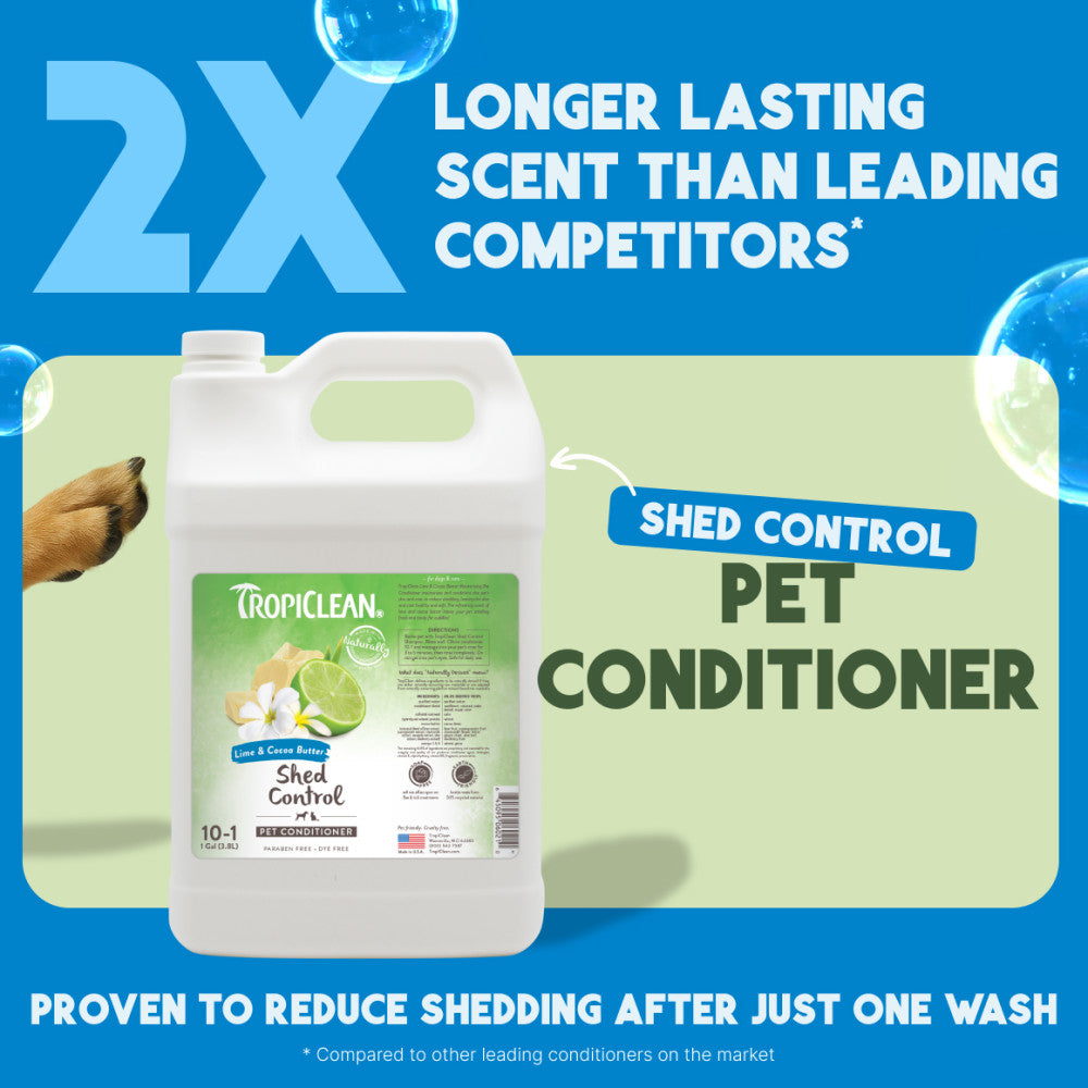 Tropiclean Shed Control Pet Conditioner bottle with promotional text for professional groomers