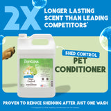 Tropiclean Shed Control Pet Conditioner bottle with promotional text for professional groomers