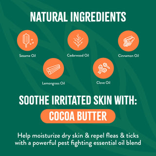 List of natural ingredients used in a Tropiclean Natural Flea + Tick soothing dog shampoo with a green background