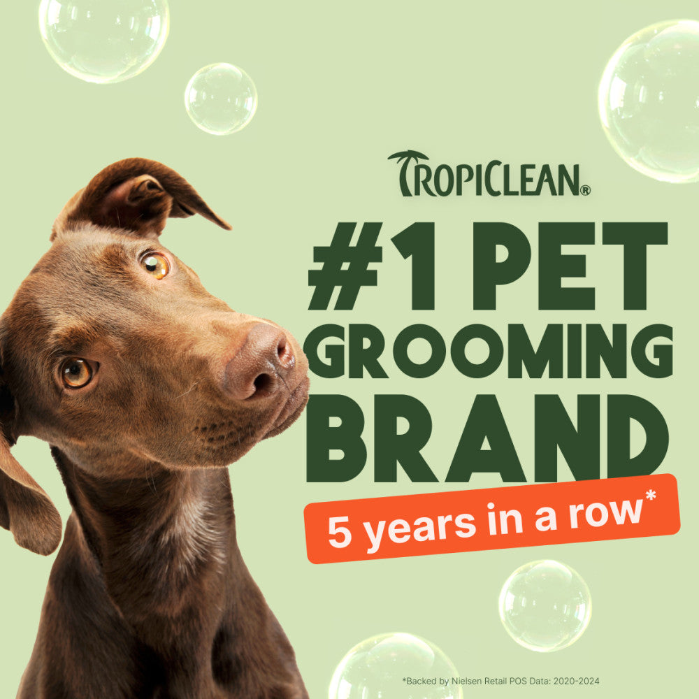 Tropicalen #1 Pet Grooming Brand claim with a brown dog on a light green background