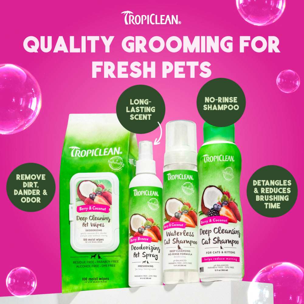 Tropiclean pet care products on a pink background with text highlighting features.