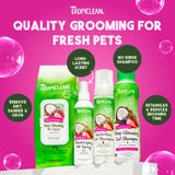 Tropiclean pet care products on a pink background with text highlighting features.