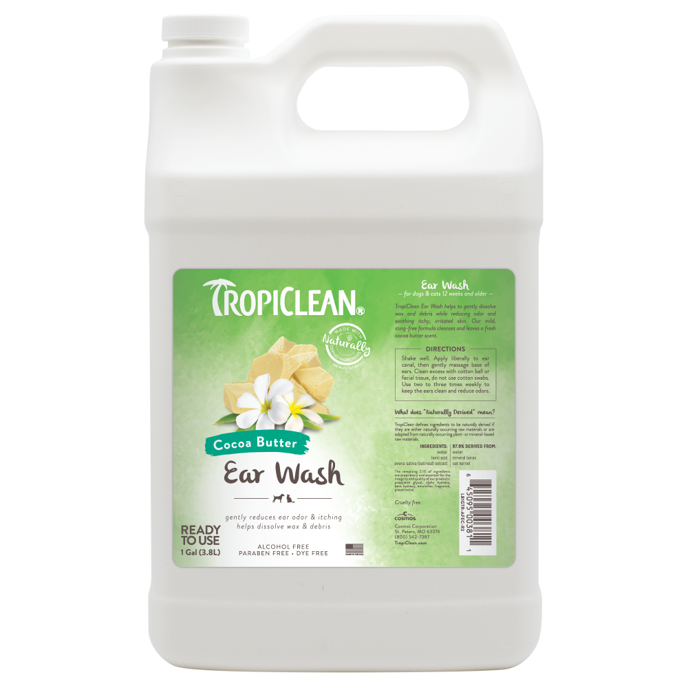 Tropiclean Cocoa Butter Ear Wash 1 galloncontainer on a white background