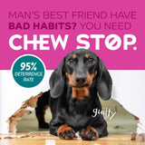 TropiClean Chew Stop Behavior Aid Dog & Home Spray. Dog sitting on a floor with a 'Chew Stop' advertisement
