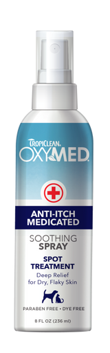 TropiClean OxyMed Medicated Anti-itch Spray for Pets, front of 8oz spray bottle
