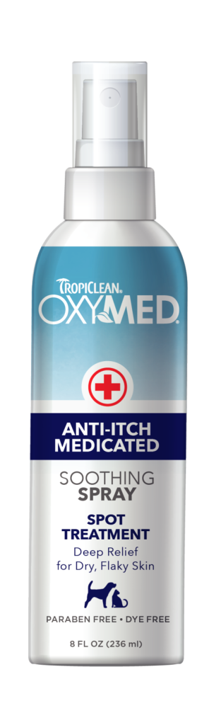 TropiClean OxyMed Medicated Anti-itch Spray for Pets, front of 8oz spray bottle