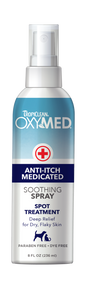 TropiClean OxyMed Medicated Anti-itch Spray for Pets, front of 8oz spray bottle