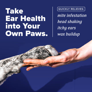 TropiClean HomeVet Ear Mite Treatment for Pets. Hand holding a dog's paw with text about ear health remedies on a blue background