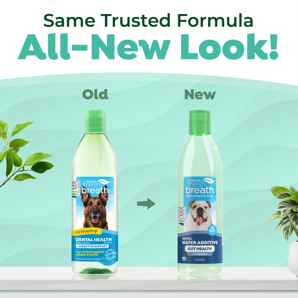 Comparison of old and new bottle designs of TropiClean Fresh Breath Dental Water Additive Plus Gut Health for Dogs with text 'Same Trusted Formula All-New Look!'