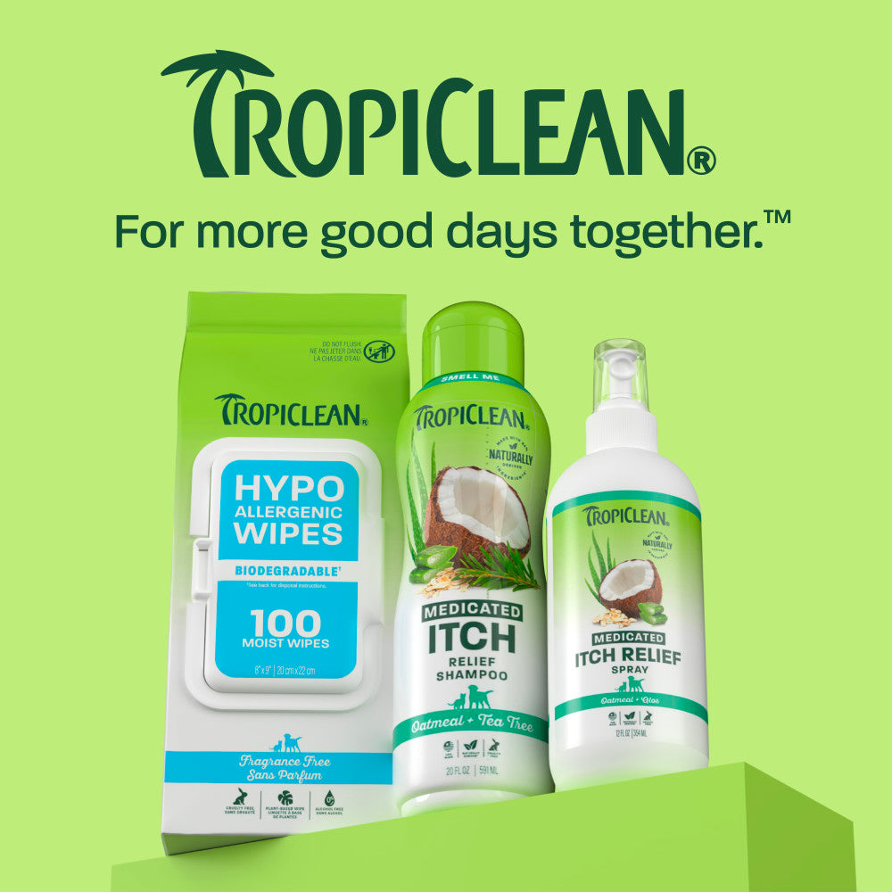 TropiClean itch line up on light green background.