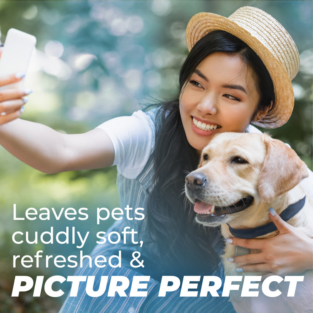 Woman taking a selfie with a dog outdoors, with text about pet care.
