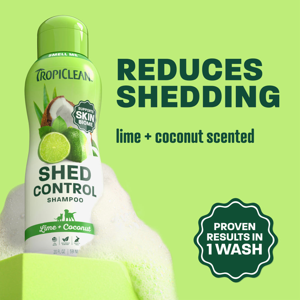 TropiClean shed shampoo bottle on light green background.