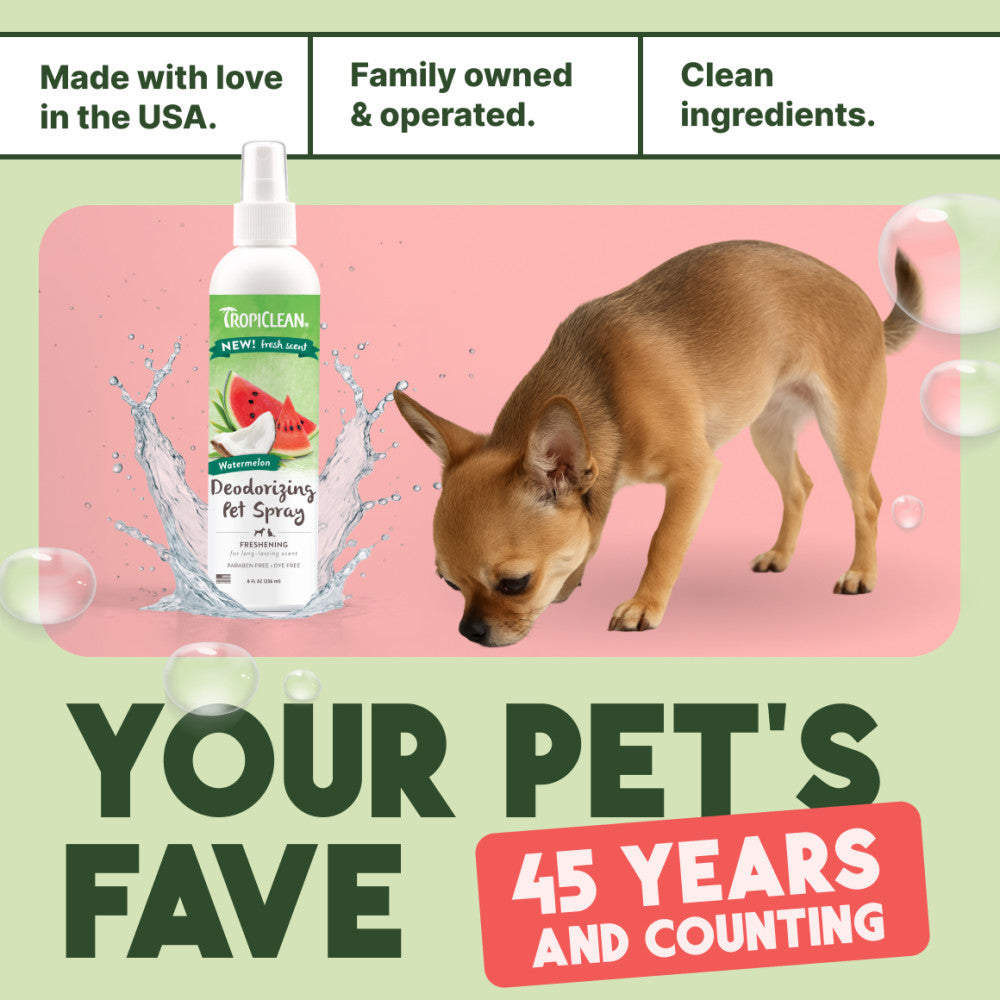 TropiClean Watermelon Deodorizing Spray for dogs & cats, image with a dog and promotional text on a green background