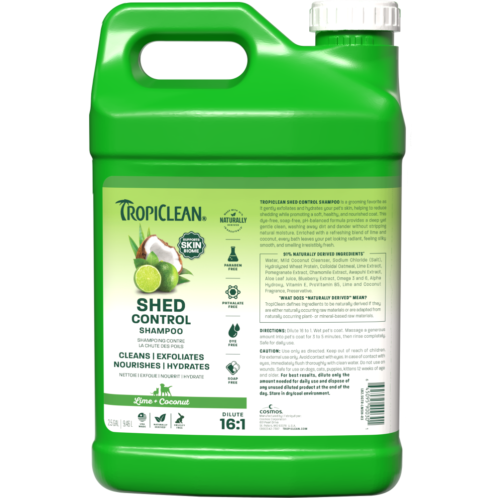 TropiClean shed control shampoo 2.5 gallon front.
