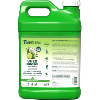 TropiClean shed control shampoo 2.5 gallon front.