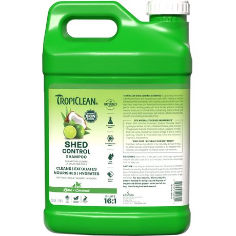 TropiClean shed control shampoo 2.5 gallon front.