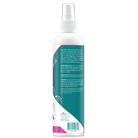TropiClean Chew Stop Behavior Aid Dog & Home Spray, back image of spray bottle