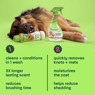 fluffy brown dog laying down by tropiclean bottles with directions call outs.