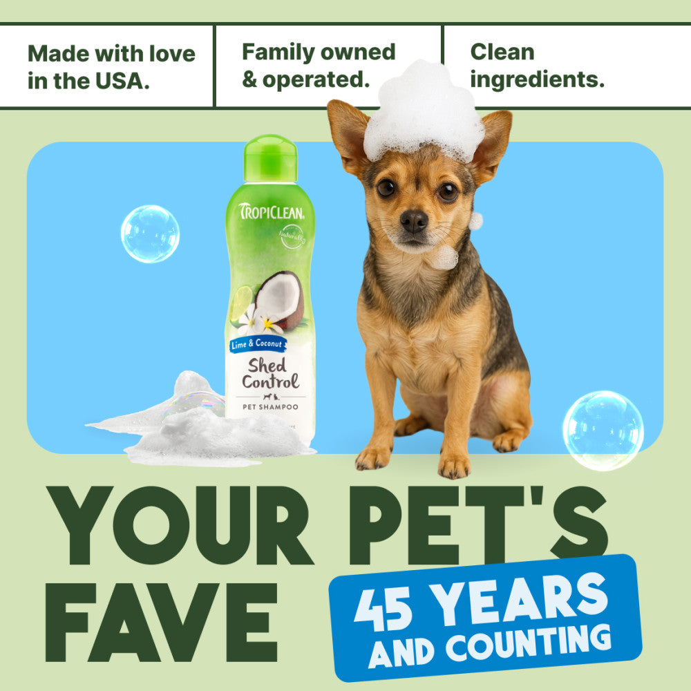 TropiClean Lime & Cocoa Butter Shed Control Conditioner for Pets with a dog and text about family ownership and product features.