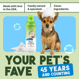 TropiClean Lime & Cocoa Butter Shed Control Conditioner for Pets with a dog and text about family ownership and product features.