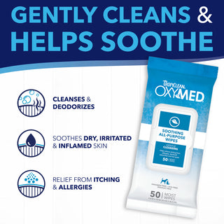 Tropiclean OxyMed soothing all-purpose wipes packaging with text about product benefits